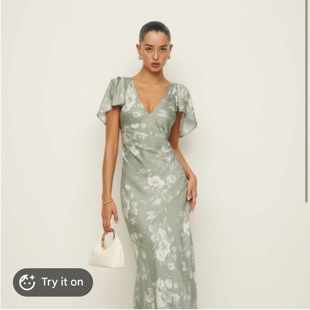 Reformation Vida Satin Vendela Floral V-Neckline Short Sleeve Maxi Dress